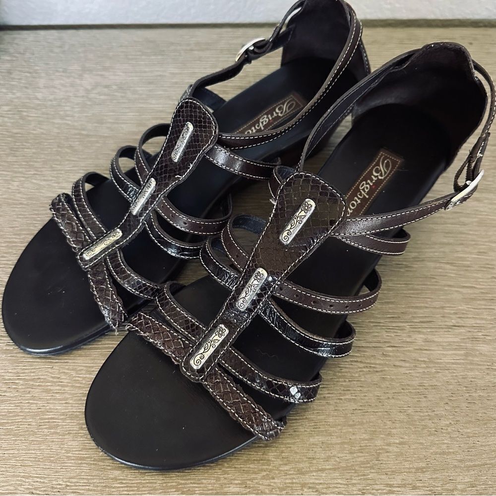 Brighton Brown Leather Silver Ladder Wedge Sandals 10